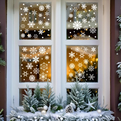 Christmas Window Clings Static Cling Stickers Snowflakes Snowman Reusable PVC Decals For Glass Festive Holiday Home Decor