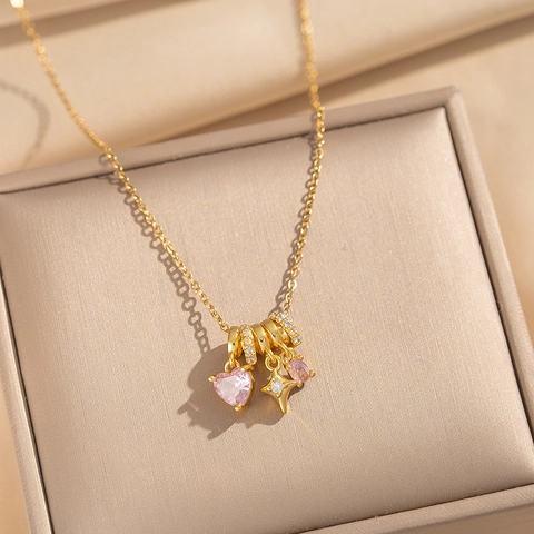Heart Star Pendant Necklace Copper 18K Gold Plated Colorful Cubic Zirconia Clavicle Chain Elegant Fashion Women