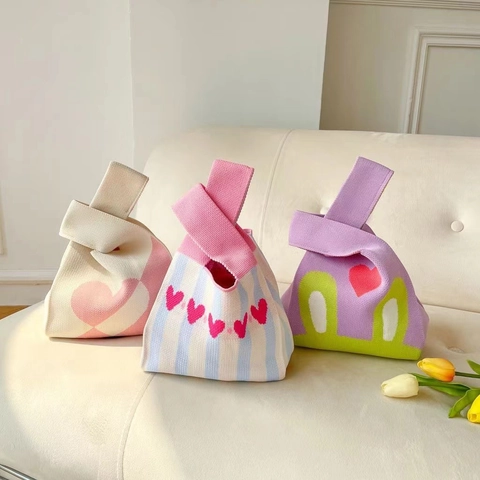 Knitted Tote Bag Heart Pattern Striped Rabbit Handbag Casual Portable Large Capacity Shopping Bag For Women Girls
