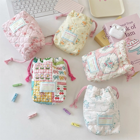 Quilted Cotton Drawstring Storage Bag Floral Pattern Shockproof Camera Pouch For Travel Accessories Cute Bundle Pocket