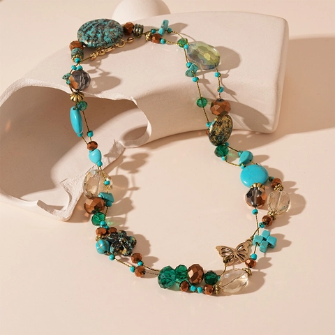 Collar De Cuentas Multicapa Bohemio Cobre Piedra Artificial Cuentas De Vidrio Colgante Mariposa Étnico Retro Para Mujer