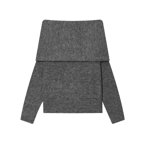 Maglione In Maglia Con Spalle Scoperte Donna Manica Lunga Fiocco Al Collo Bordo A Contrasto Slim Fit Grigio