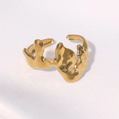 Anillo Abierto Ajustable Acero Inoxidable Chapado En Oro 18K Textura Lava Metal Fundido Joyería Minimalista Irregular