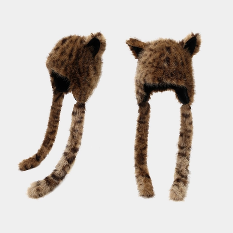 Cappello Orecchie Animali Stampa Leopardata Pelliccia Sintetica Peluche Inverno Caldo Antivento Protezione Orecchie Lunghe