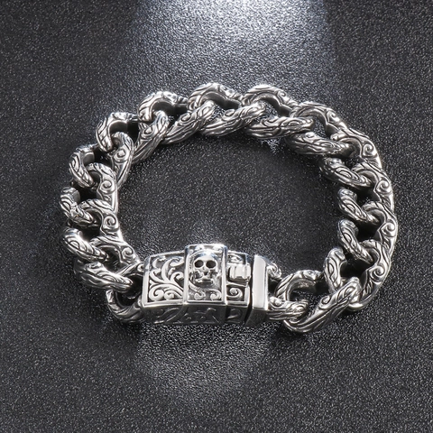 Bracciale Da Uomo In Acciaio Inossidabile Vintage Gotico Motivo Intagliato Catena Grumet Interallacciata Chiusura A Teschio Gioielli Punk Rock