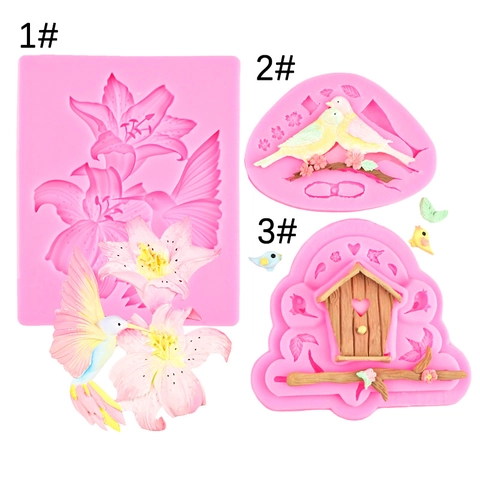 Molde De Silicona Rama De Pájaro Flor De Lirio Para Decoración De Pasteles Fondant Chocolate Resina 3D Relieve DIY Herramienta Para Hornear