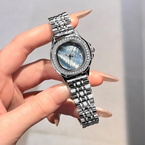Gedi Luxury Women Quartz Watch Stainless Steel Strap Rhinestone Bezel Mother Of Artificial Pearl Dial Waterproof Date Wristwatch
