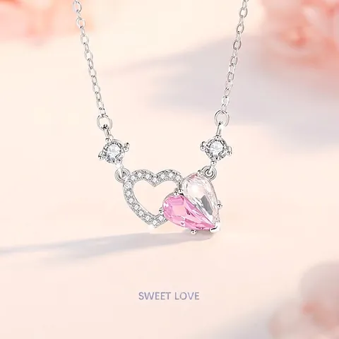 925 Sterling Silver Pink Heart Zirconia Necklace Bracelet Stud Earrings Romantic Lightweight Luxury Women Jewelry Gift