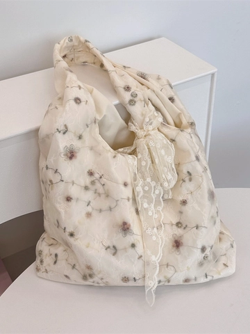Frauen Schultertasche Tote Bag Blumen Stickerei Gaze Spitze Schleife Große Kapazität Französisch Vintage Koreanischer Stil