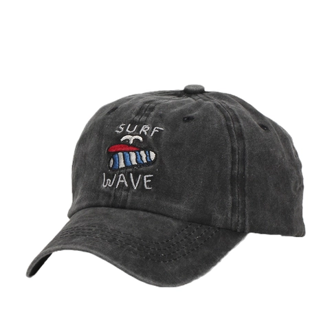 Washed Cotton Baseball Cap Surf Wave Embroidery Adjustable Distressed Retro Outdoor Sun Hat