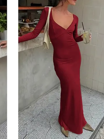 Eleganter Langarm V-Ausschnitt Bodycon Maxi Kleid Für Damen Slim Fit Abendparty Formelles Kleid Polyester Elasthan
