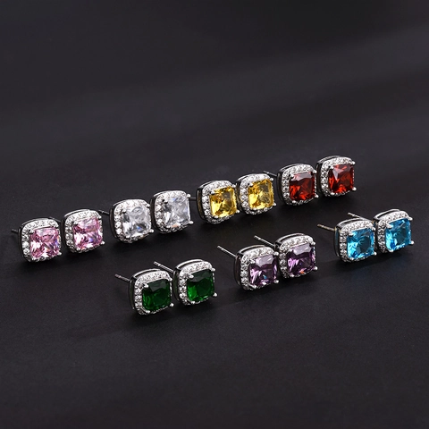 Square Zirconia Halo Stud Earrings Hip Hop Copper Geometric Sugar Cube High Street Unisex Fashion Iced Out Jewelry