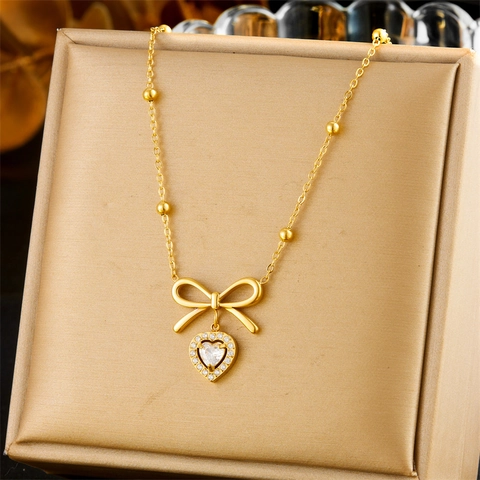Herz Schleife Anhänger Halskette Edelstahl Vergoldet Mit Zirkon Elegante Perlenkette Schmuck Für Damen