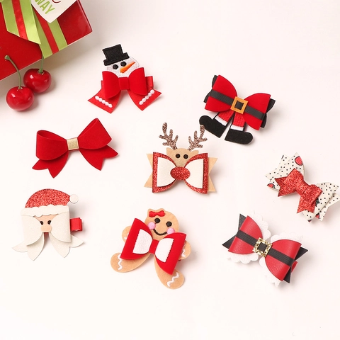 Christmas Hair Clips Glitter Bow Reindeer Santa Snowman Gingerbread Man Holiday Party Accessories For Kids Girls Baby