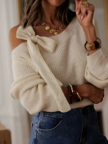 Maglione In Maglia A Spalle Scoperte Da Donna Con Grande Fiocco Crema Poliestere A Costine Pullover A Maniche Lunghe Top Elegante