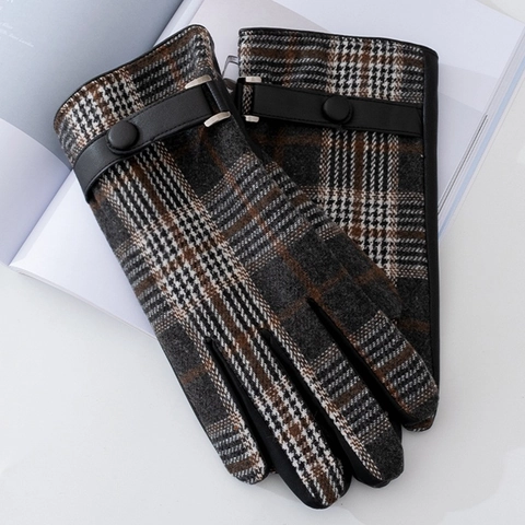 Men Winter Gloves Woolen Plaid PU Leather Touch Screen Warm Fleece Lined Business Casual British Style Windproof