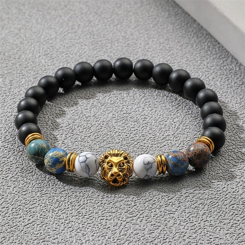 Lion Head Beaded Bracelet For Men Natural Stone Imperial Jasper Howlite Matte Beads Alloy Lion Charm Stretch Bracelet Jewelry