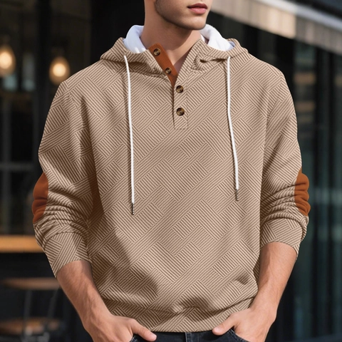 Felpa Con Cappuccio In Jacquard Testurizzato Da Uomo Con Colletto Henley A Bottoni E Toppe Sui Gomiti Pullover