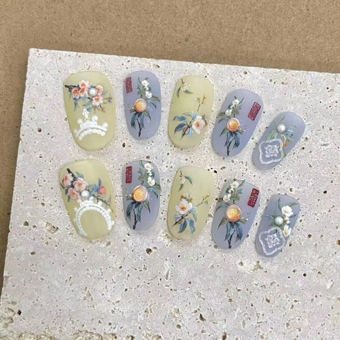 Handmade Press On Nails Chinese Style 3D Peach Blossom Floral Faux Artificial Pearl Relief Reusable Artificial Finger Nails For Women
