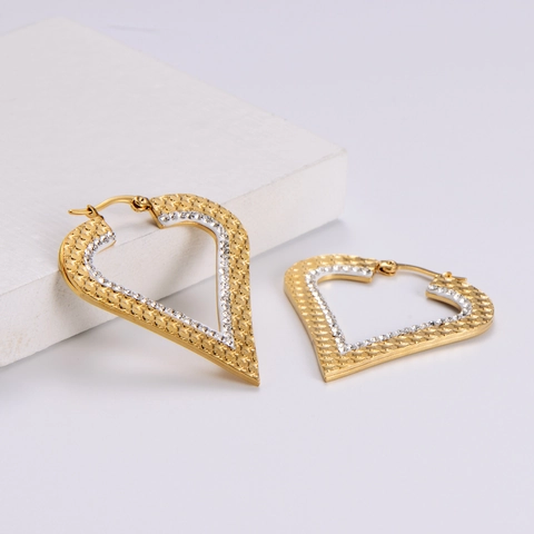 Geometrische Herz Ohrringe Edelstahl 18K Vergoldet Sternenmuster Geprägt Strass Inlay Schmuck Für Frauen
