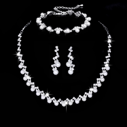 Elegante Collana e Orecchini Argento per Matrimonio Con Perla Artificiale Bianca e Strass per Donna Collezione Gioielli Sposa