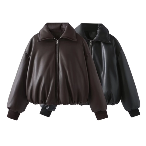 Damen Casual Oversize Kunstleder Steppjacke Dicke Warme Vintage Bomberjacke Mit Rippbündchen Revers Reißverschluss Puffer Mantel