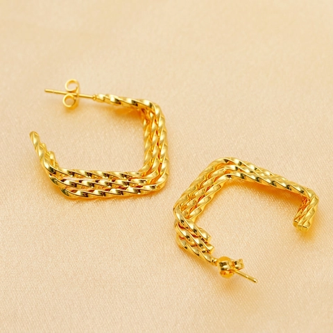 Geometric Square C-Hoop Earrings Twisted Rope Multi Layer 18K Gold Plated Stainless Steel Luxury Jewelry For Women