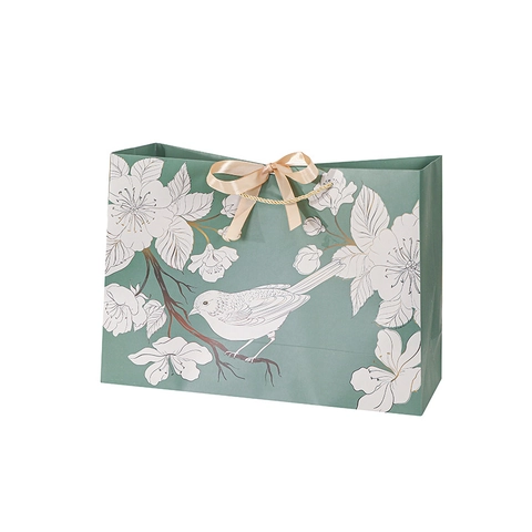 Elegant Green Gift Bag With Flower Bird Pattern White Cardboard Ribbon Bow Handle For Wedding Birthday Party Paper Bag