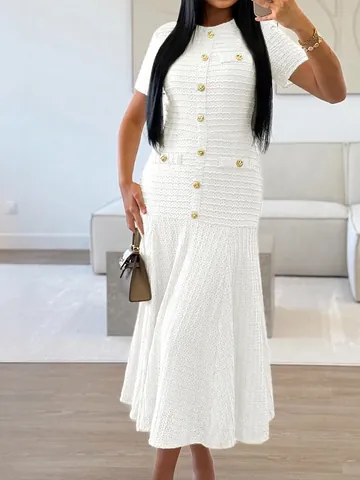 Maxi Jurk Gebreid Textuur Korte Mouwen Gouden Knopen Elegant Slim Fit Tweed Stijl Retro Commute Voor Dames