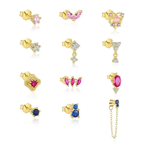 925 Sterling Silver Stud Earrings For Women Colorful Zirconia Inlaid Gold Plated Heart Butterfly Star Shape Sweet Ear Bone Jewelry Gift
