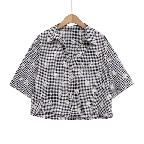 Donna Camicia E Pantaloni Gingham Ricamato Floreale Maniche Corte Bottone Orlo Festonato Casual Streetwear