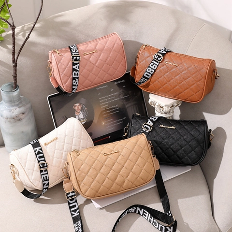 Quilted Rhombic PU Leather Crossbody Bag Women Trendy Underarm Shoulder Bag With Wide Letter Print Webbing Strap
