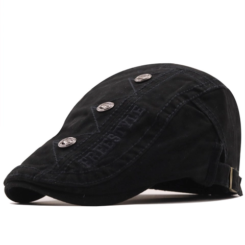 Flat Cap Cotton Canvas Beret With Letter Embroidery Metal Buttons Vintage Adjustable Newsboy Ivy Hat For Men Women