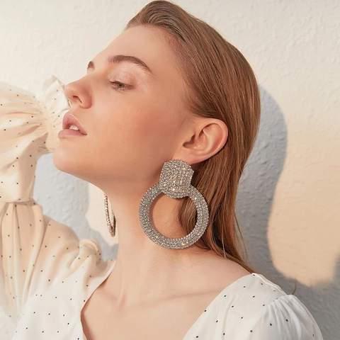 Übergroße Geometrische Creolen Legierung Strass Funkelnder Schmuck Mit Silver Earring Post Für Damen Party