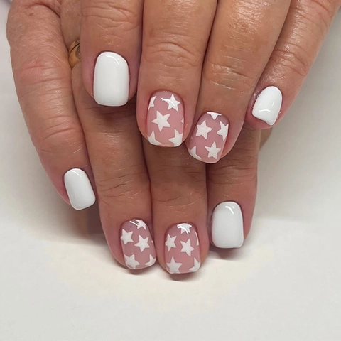 Short Square Press On Nails White Solid Color Pink White Star Pattern Detachable False Nails For Women Daily Manicure
