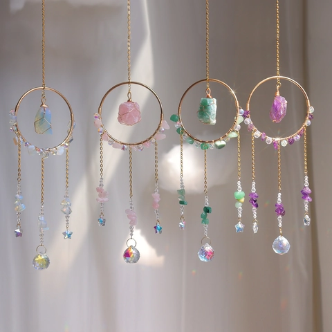 Crystal Suncatcher Wind Chime Natural Raw Stone Prism Ball Hanging Ornament Bohemian Modern Home Indoor Window Decor