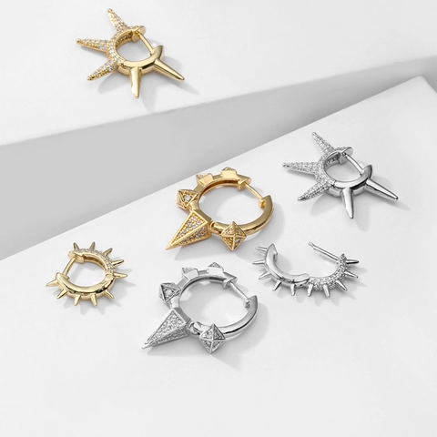 Spike Star Geometric Hoop Earrings Brass AAA Zirconia Micro Pave Punk Huggie Trendy Jewelry Women