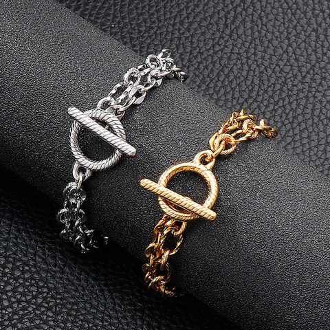 Bracelet À Maillons Double Couche Acier Inoxydable 316L Hip Hop Punk Fermoir À Bascule Bijoux Minimalistes Pour Hommes