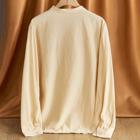 Chemise Décontractée Pour Hommes Mélange De Lin Manches Longues Col Officier Couleur Unie Haut Henley Ample Respirant