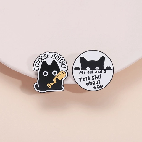 Humorous Cartoon Black Cat Enamel Pin Set Humorous Cat Lettering Zinc Alloy Brooch Badge For Clothing Backpack Decoration