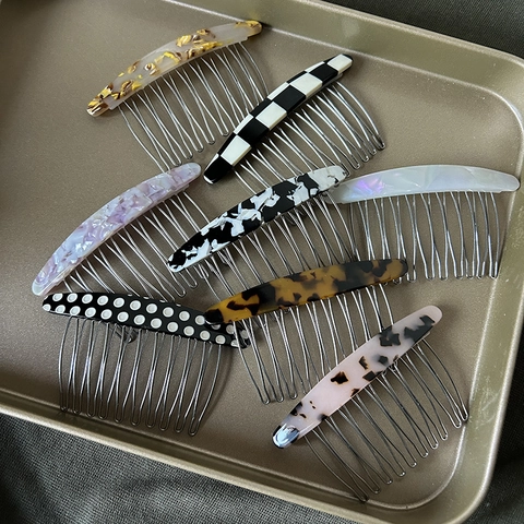 Acetaat Haarkam Met Metalen Tanden Schildpadpatroon Schaakbordpatroon Haarstyling Tool Voor Dames