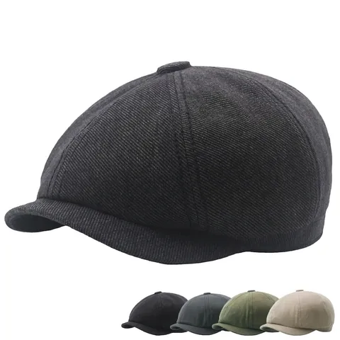 Retro Newsboy Cap Men Women British Style Solid Color Cotton Twill Octagonal Beret Hat Adjustable Artist Cabbie Hat