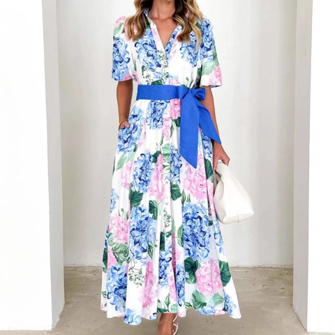 Bohemian Hydrangea Floral Print Maxi Dress V-Neck Short Puff Sleeve Polyester A-Line With Blue Belt Summer Women