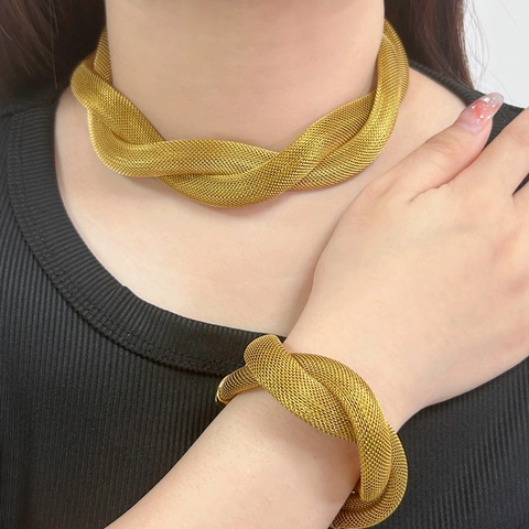 European Fashion Stainless Steel Mesh Necklace And Bracelet Set Gold Silver Mixed Twisted Choker Jewelry For Women