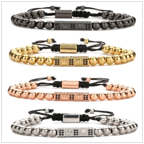 Herren Krone Rechteck Bar Armband Kupferperlen Schwarz Micro Pave Zirkon Geflochtenes Verstellbares Seil Modeschmuck