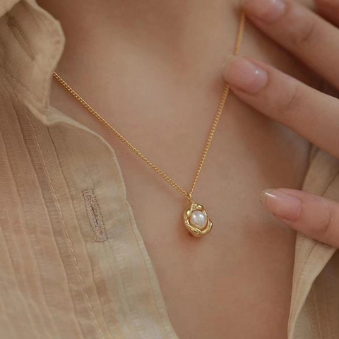 Collana Con Ciondolo Arachide Perla Artificial Retrò Francese Acciaio Inossidabile Placcato Oro Catena Doppio Strato