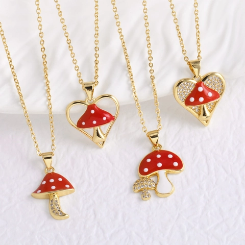 Mushroom Pendant Necklace Gold Plated Copper Heart Red Enamel White Polka Dot Zirconia Cute Fairy Tale Jewelry Women