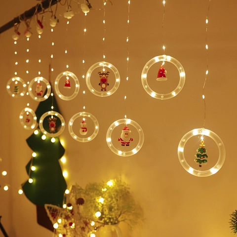 Christmas LED Curtain String Lights With Santa Claus Snowman Figurines USB Battery Powered Hanging Window Decoration Party