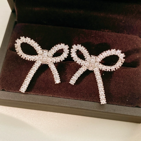 Orecchini A Clip A Fiocco Rame Zirconia Senza Buco Con Perno In Argento Per Donna Moda