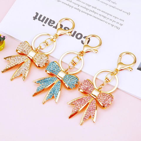 Cute Alloy Metal Bowknot Keychain With Sparkling Rhinestone Decoration For Women Bag Pendant Car Keyring Accessories